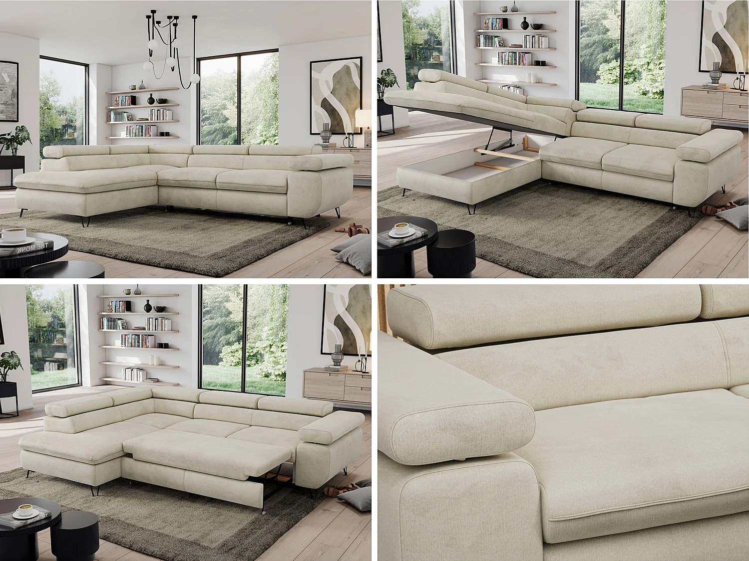 Ecksofa PEDRO - L-Form mit Schlaffunktion 200x125 cm, verstellbaren Kopfstützen - Beige Velvet - Ecke Links