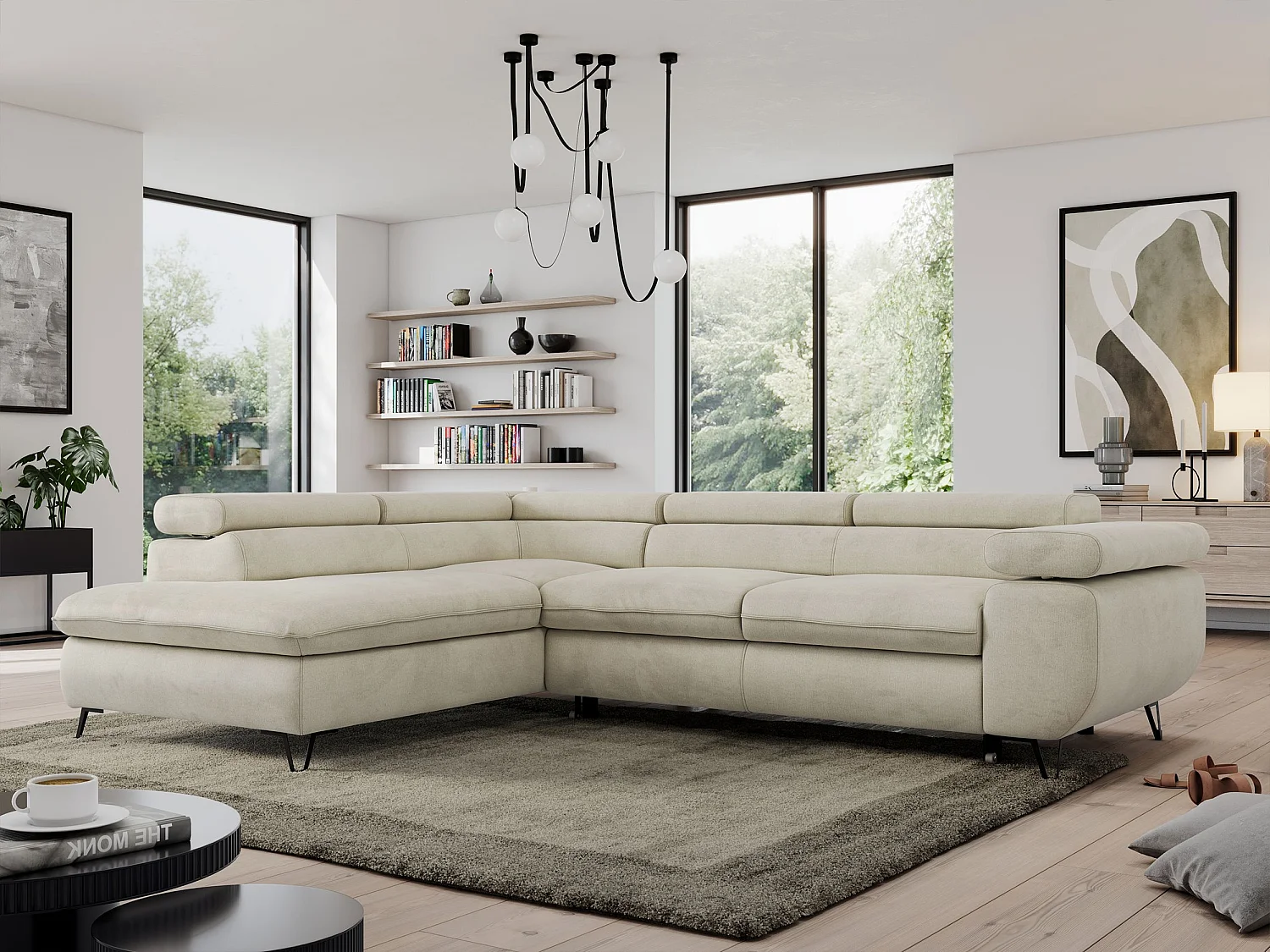 Ecksofa PEDRO - L-Form mit Schlaffunktion 200x125 cm, verstellbaren Kopfstützen - Beige Velvet - Ecke Links