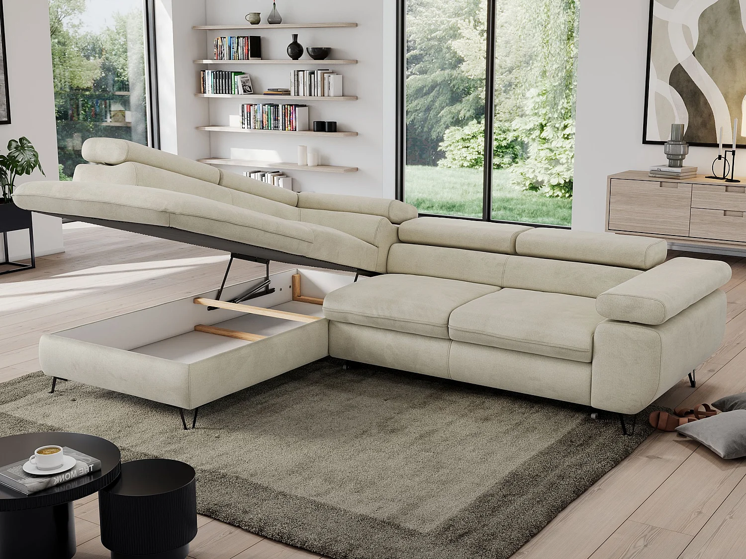 Ecksofa PEDRO - L-Form mit Schlaffunktion 200x125 cm, verstellbaren Kopfstützen - Beige Velvet - Ecke Links