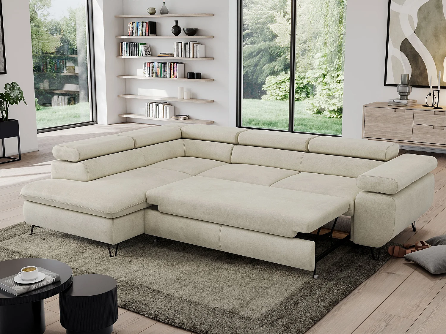 Ecksofa PEDRO - L-Form mit Schlaffunktion 200x125 cm, verstellbaren Kopfstützen - Beige Velvet - Ecke Links