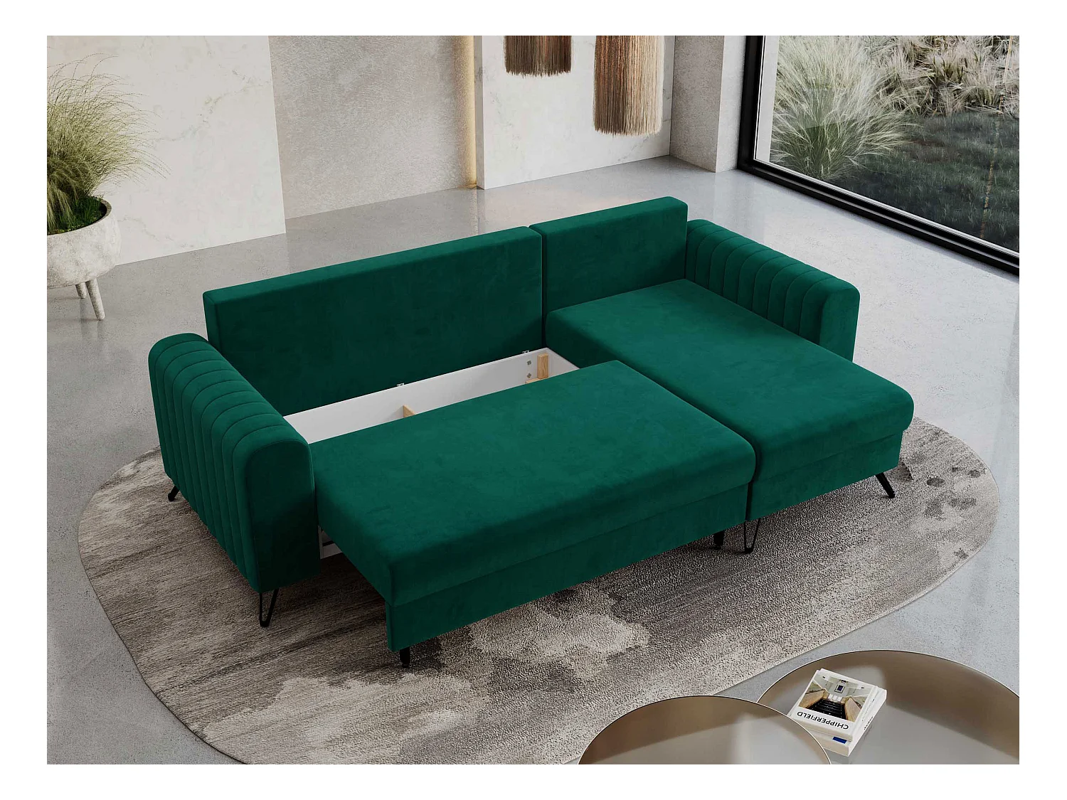 Ecksofa AXEL - universal mit schlaffunktion, Bettkasten - Dunkelgrün Velvet