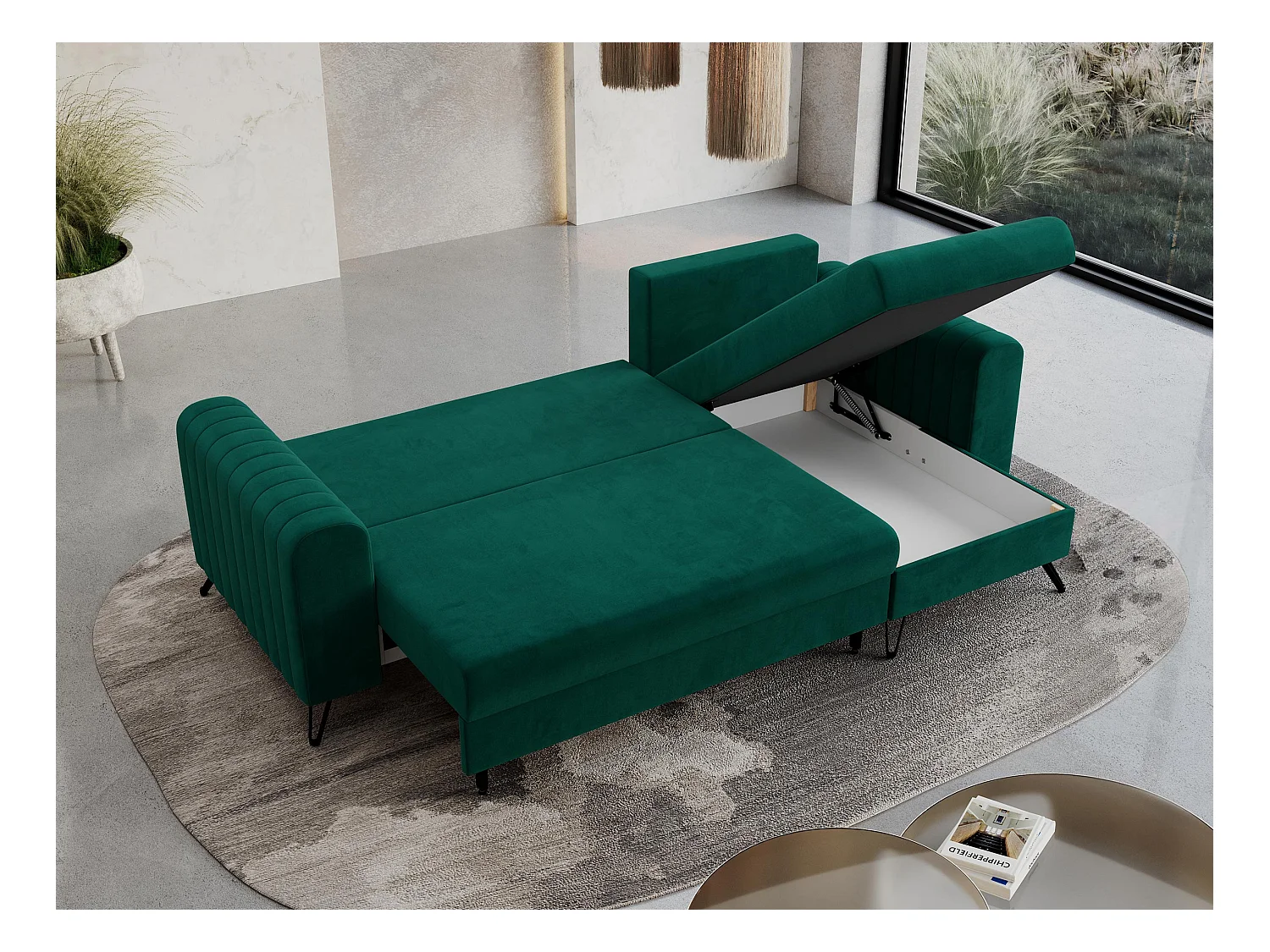 Ecksofa AXEL - universal mit schlaffunktion, Bettkasten - Dunkelgrün Velvet