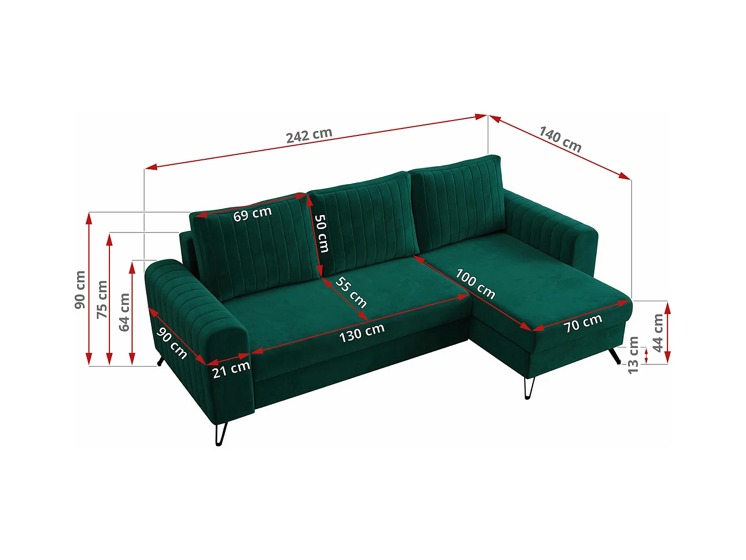 Ecksofa AXEL - universal mit schlaffunktion, Bettkasten - Dunkelgrün Velvet