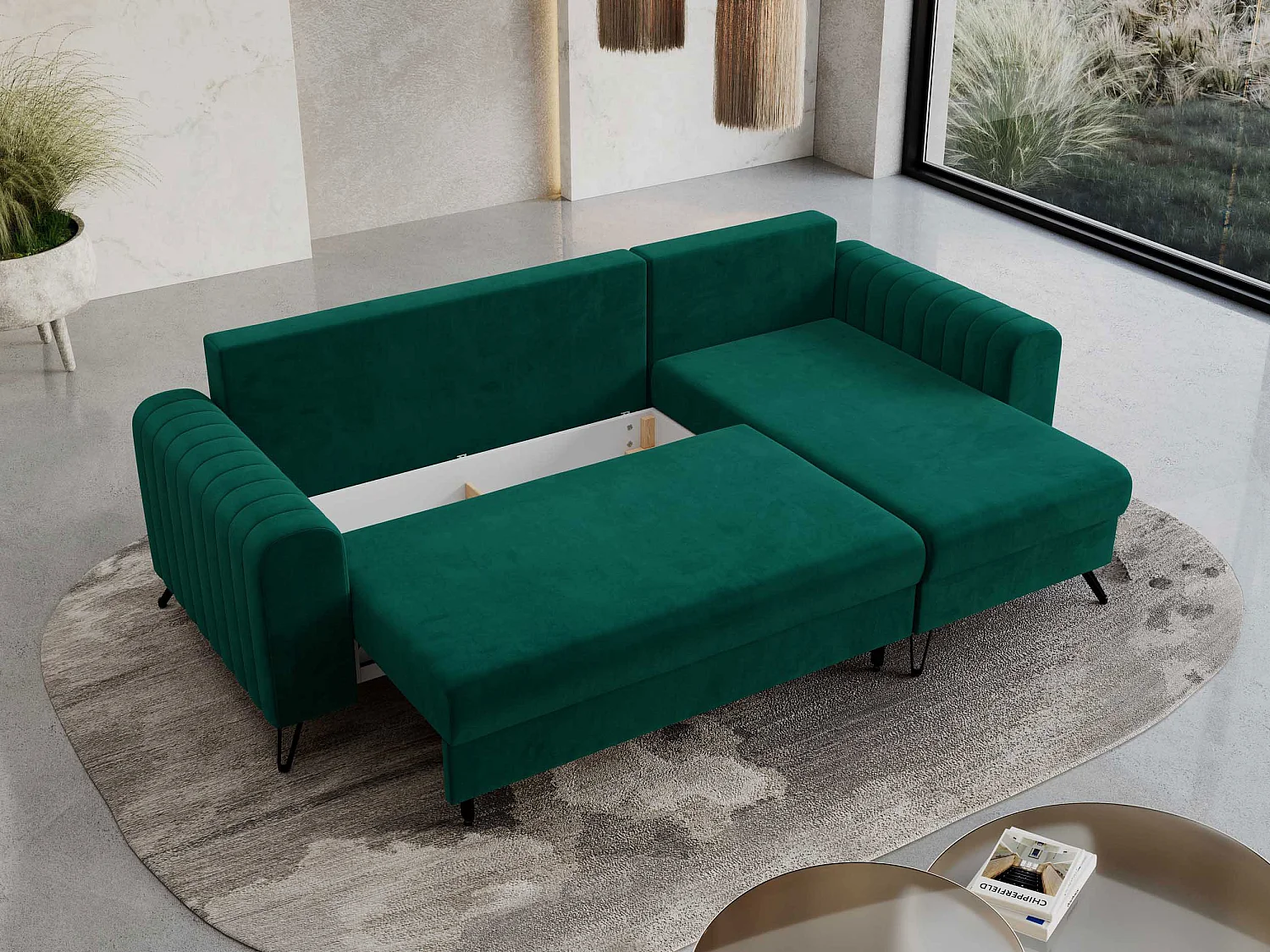 Ecksofa AXEL - universal mit schlaffunktion, Bettkasten - Dunkelgrün Velvet