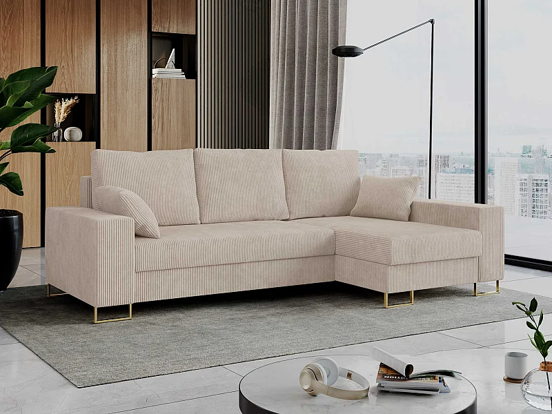 Ecksofa DORIAN - schlaffunktion und Bettkasten, lose Kissen - Beige Cord