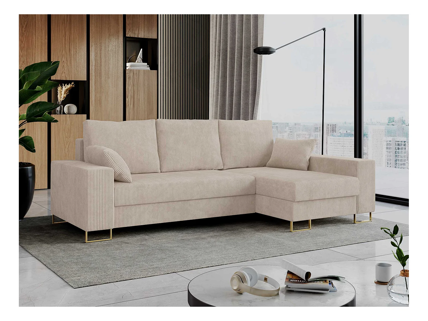 Ecksofa DORIAN - schlaffunktion und Bettkasten, lose Kissen - Beige Cord