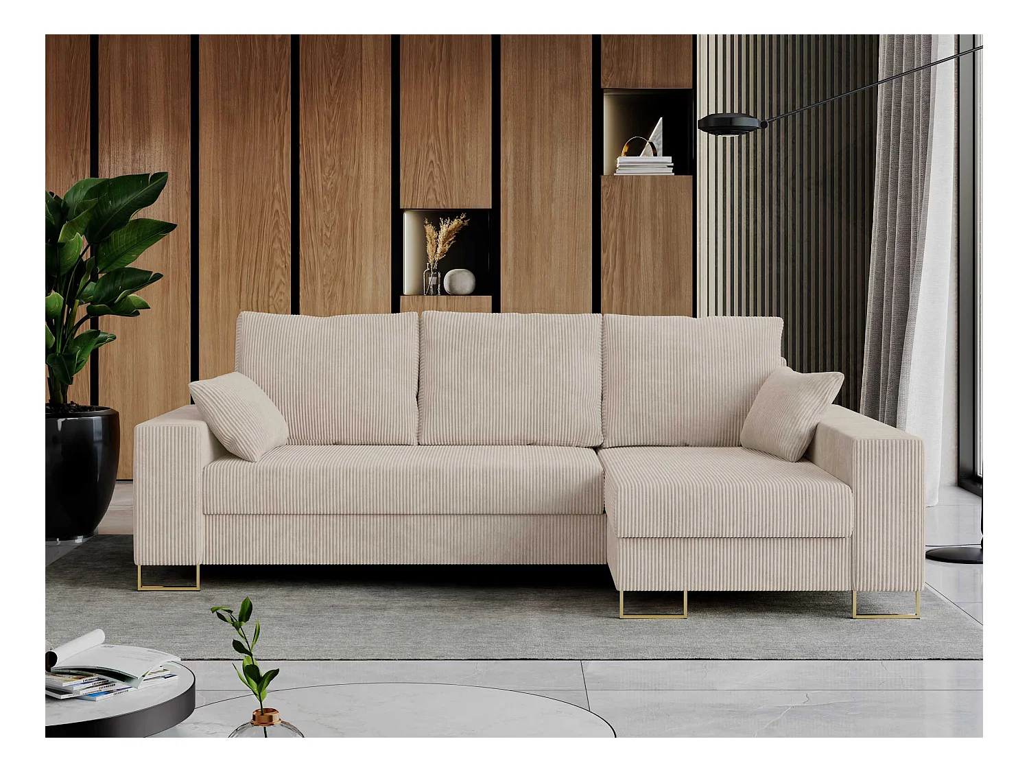 Ecksofa DORIAN - schlaffunktion und Bettkasten, lose Kissen - Beige Cord