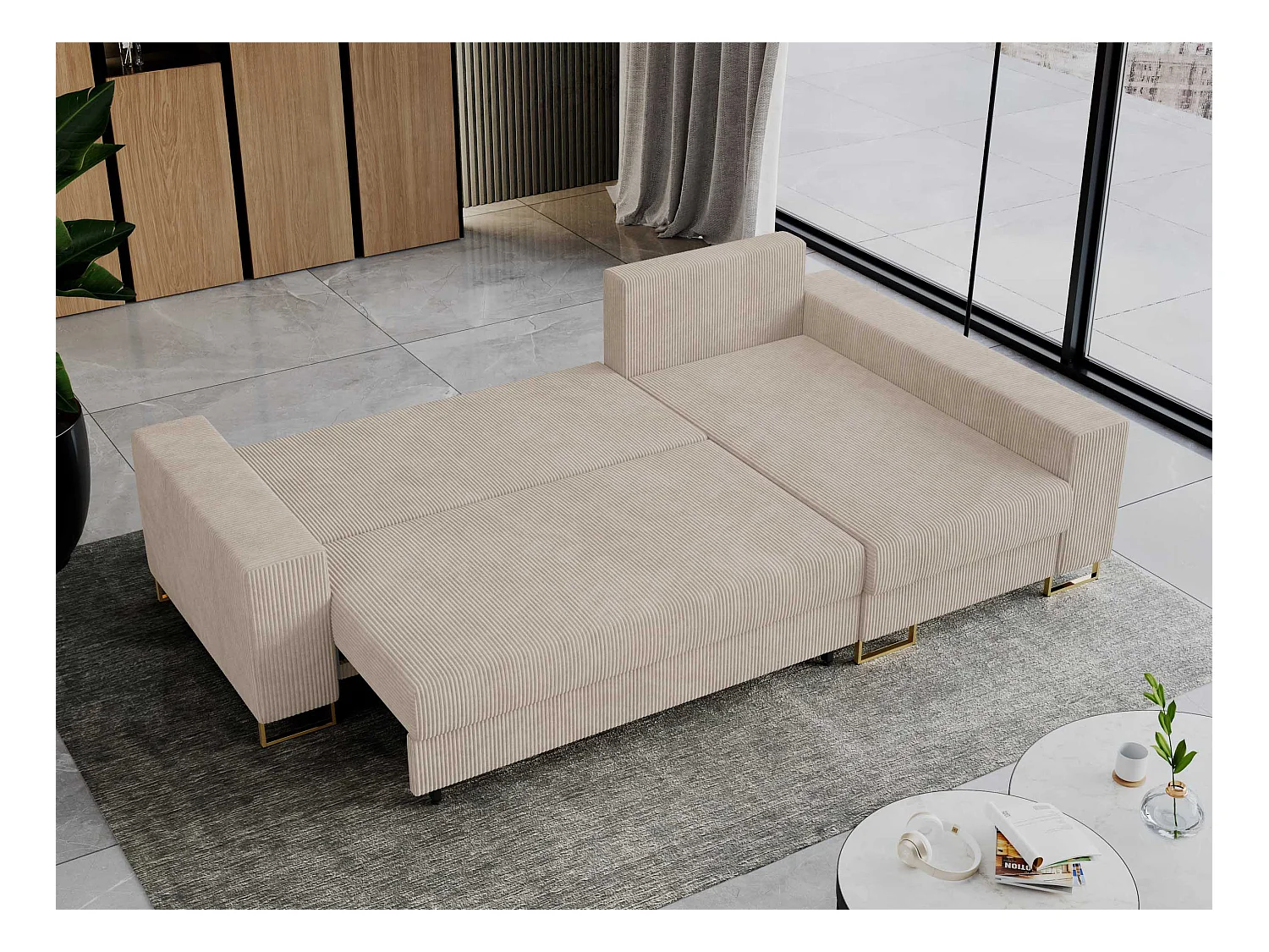 Ecksofa DORIAN - schlaffunktion und Bettkasten, lose Kissen - Beige Cord