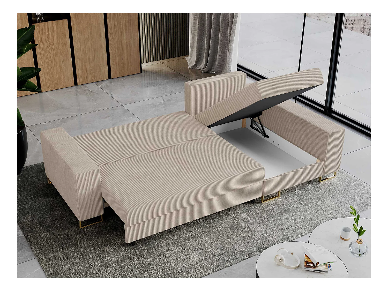 Ecksofa DORIAN - schlaffunktion und Bettkasten, lose Kissen - Beige Cord