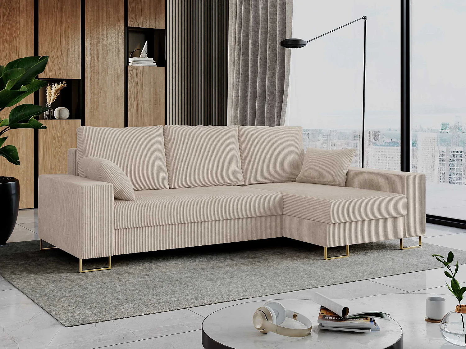 Ecksofa DORIAN - schlaffunktion und Bettkasten, lose Kissen - Beige Cord