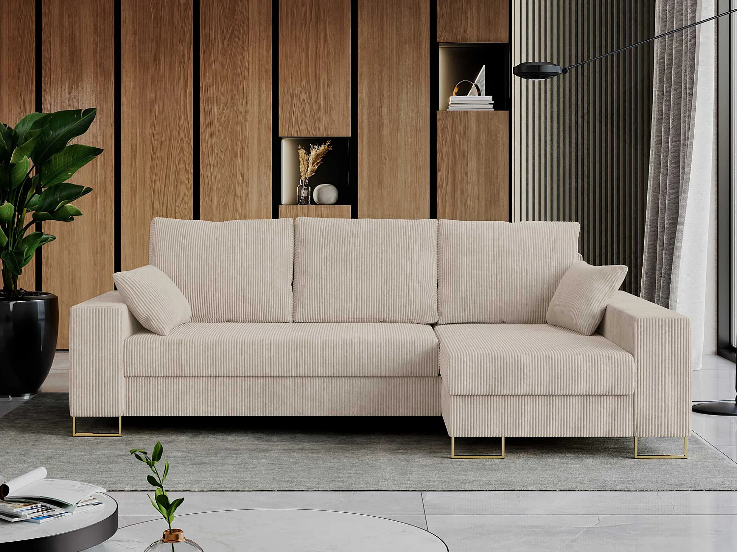 Ecksofa DORIAN - schlaffunktion und Bettkasten, lose Kissen - Beige Cord