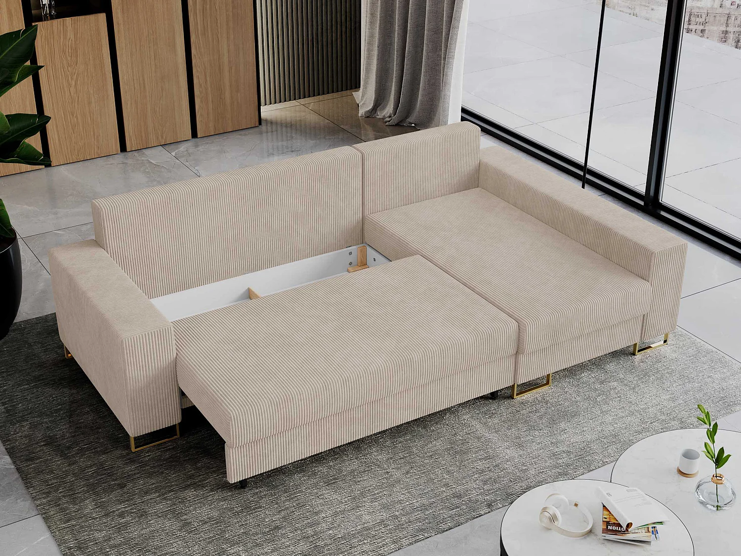 Ecksofa DORIAN - schlaffunktion und Bettkasten, lose Kissen - Beige Cord