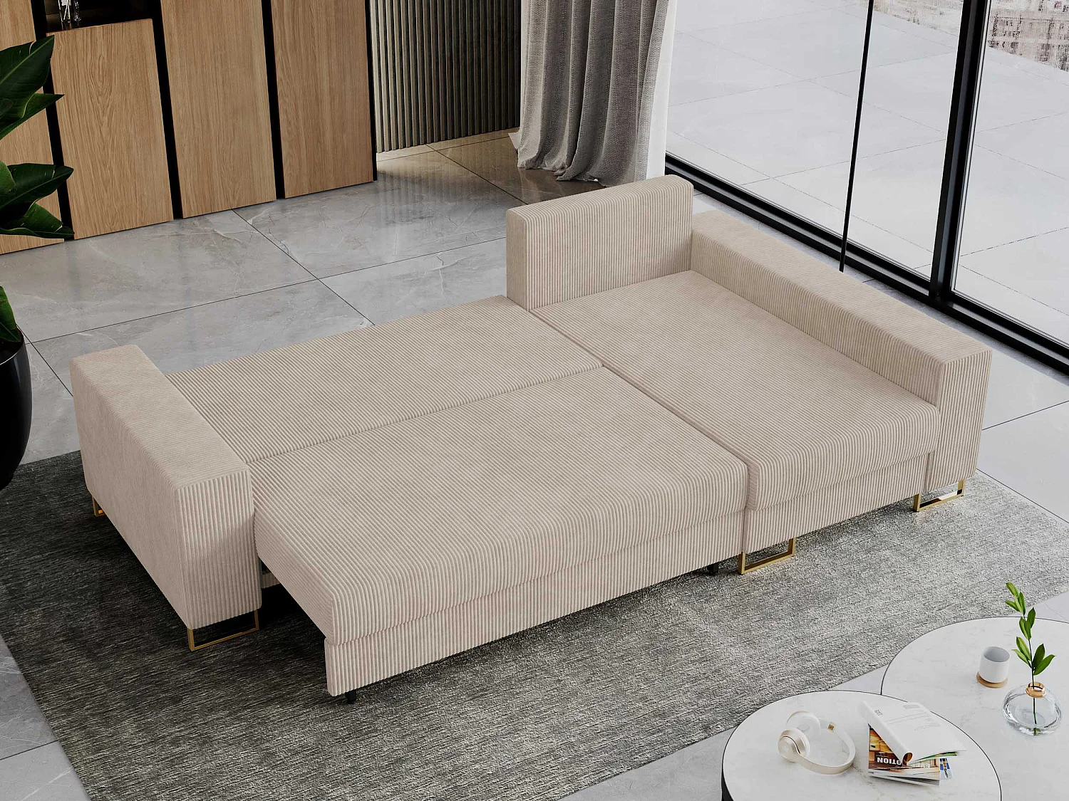 Ecksofa DORIAN - schlaffunktion und Bettkasten, lose Kissen - Beige Cord