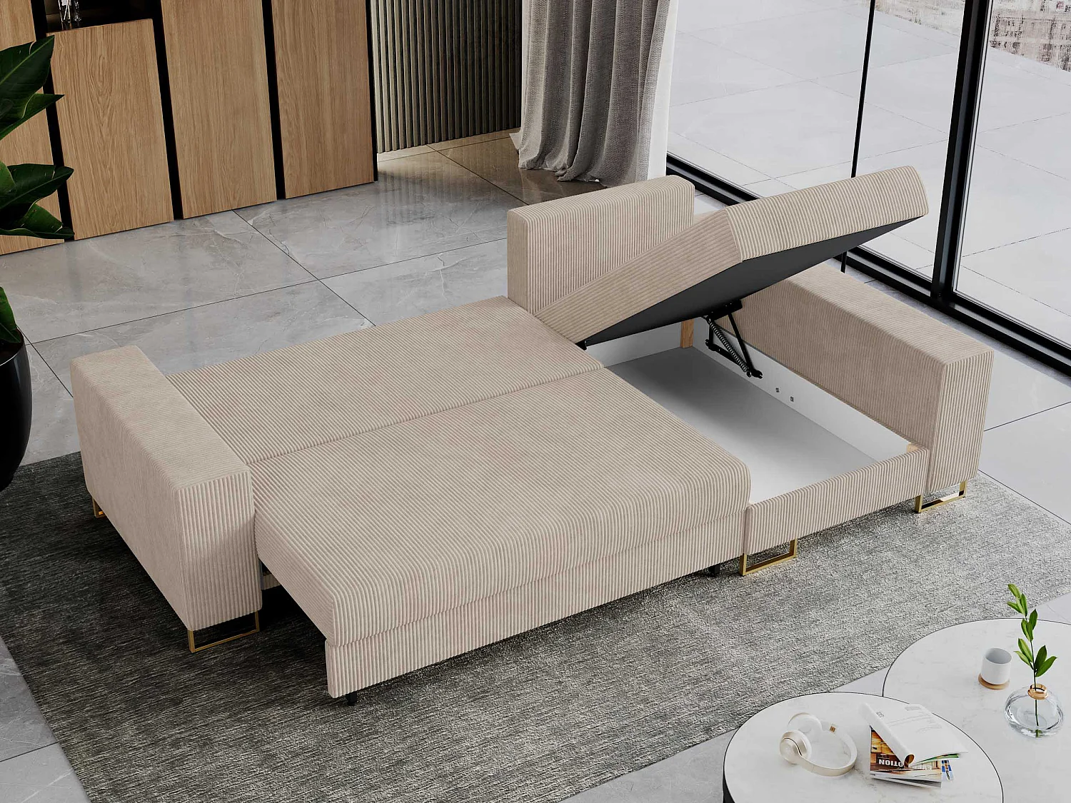 Ecksofa DORIAN - schlaffunktion und Bettkasten, lose Kissen - Beige Cord