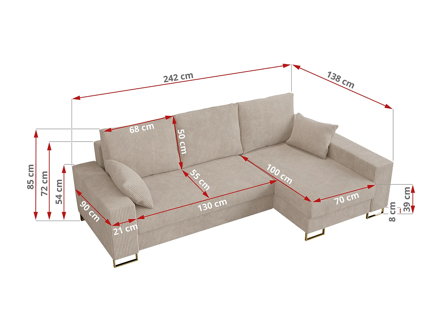 Ecksofa DORIAN - schlaffunktion und Bettkasten, lose Kissen - Beige Cord