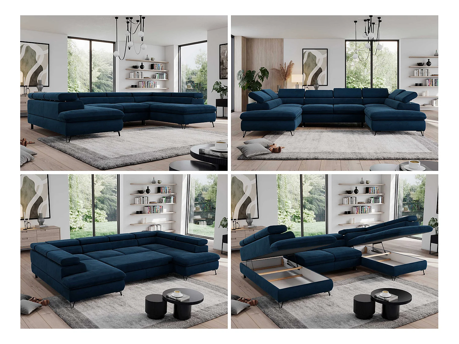 Ecksofa PEDRO U - XXL U-förmige Ecke, schlaffunktion und Bettkästen - Dunkelblau Velvet