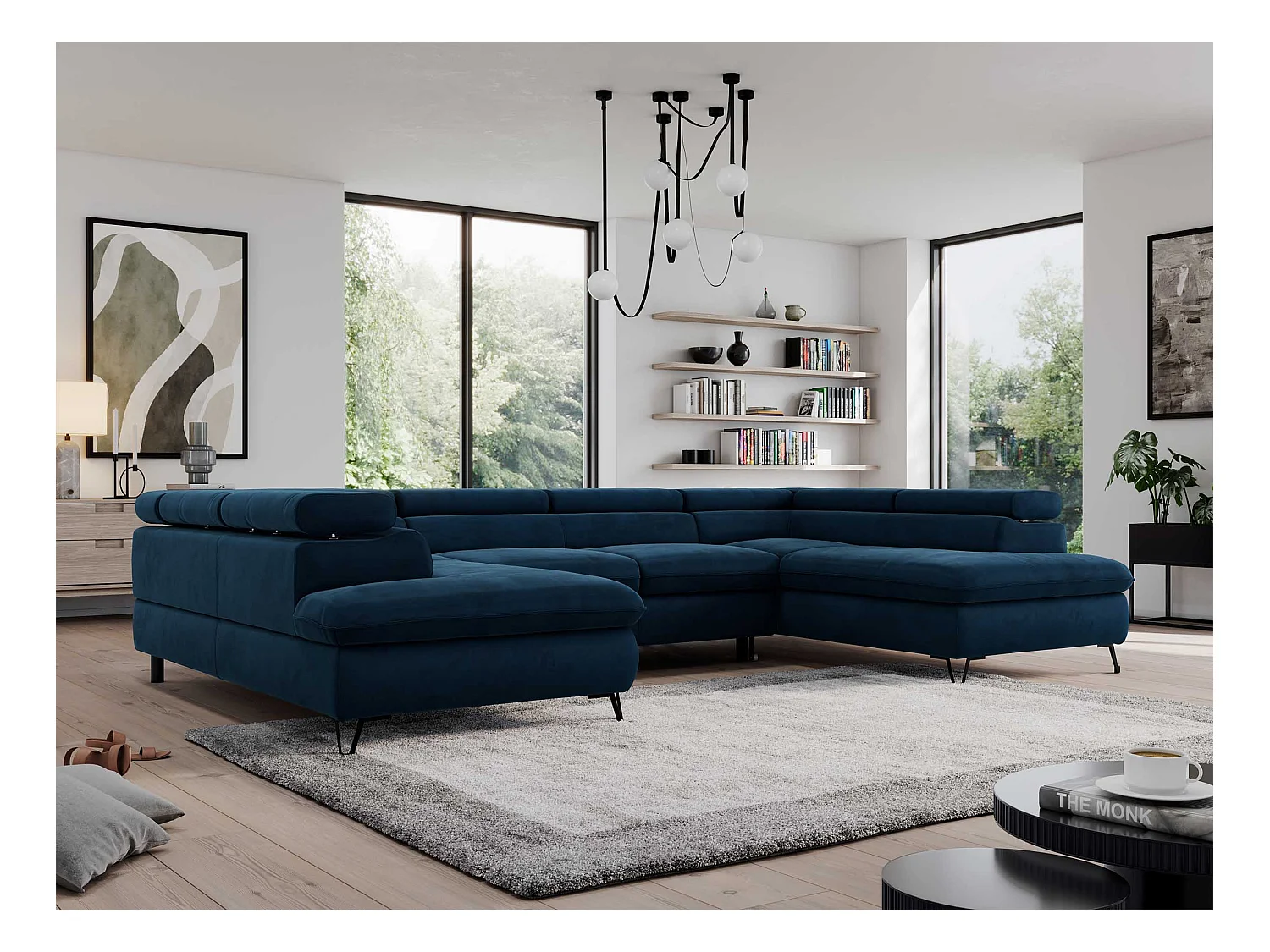 Ecksofa PEDRO U - XXL U-förmige Ecke, schlaffunktion und Bettkästen - Dunkelblau Velvet