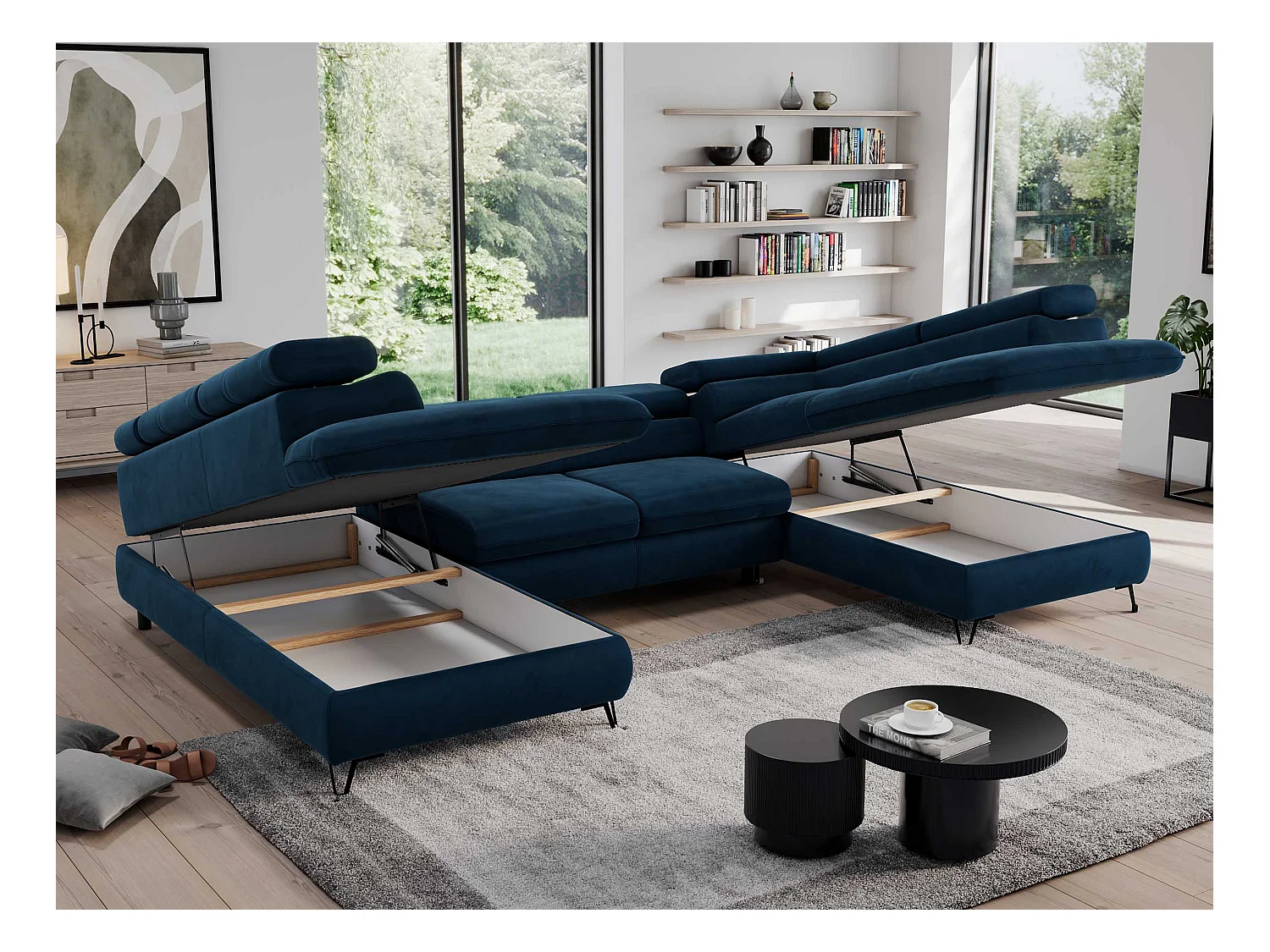 Ecksofa PEDRO U - XXL U-förmige Ecke, schlaffunktion und Bettkästen - Dunkelblau Velvet