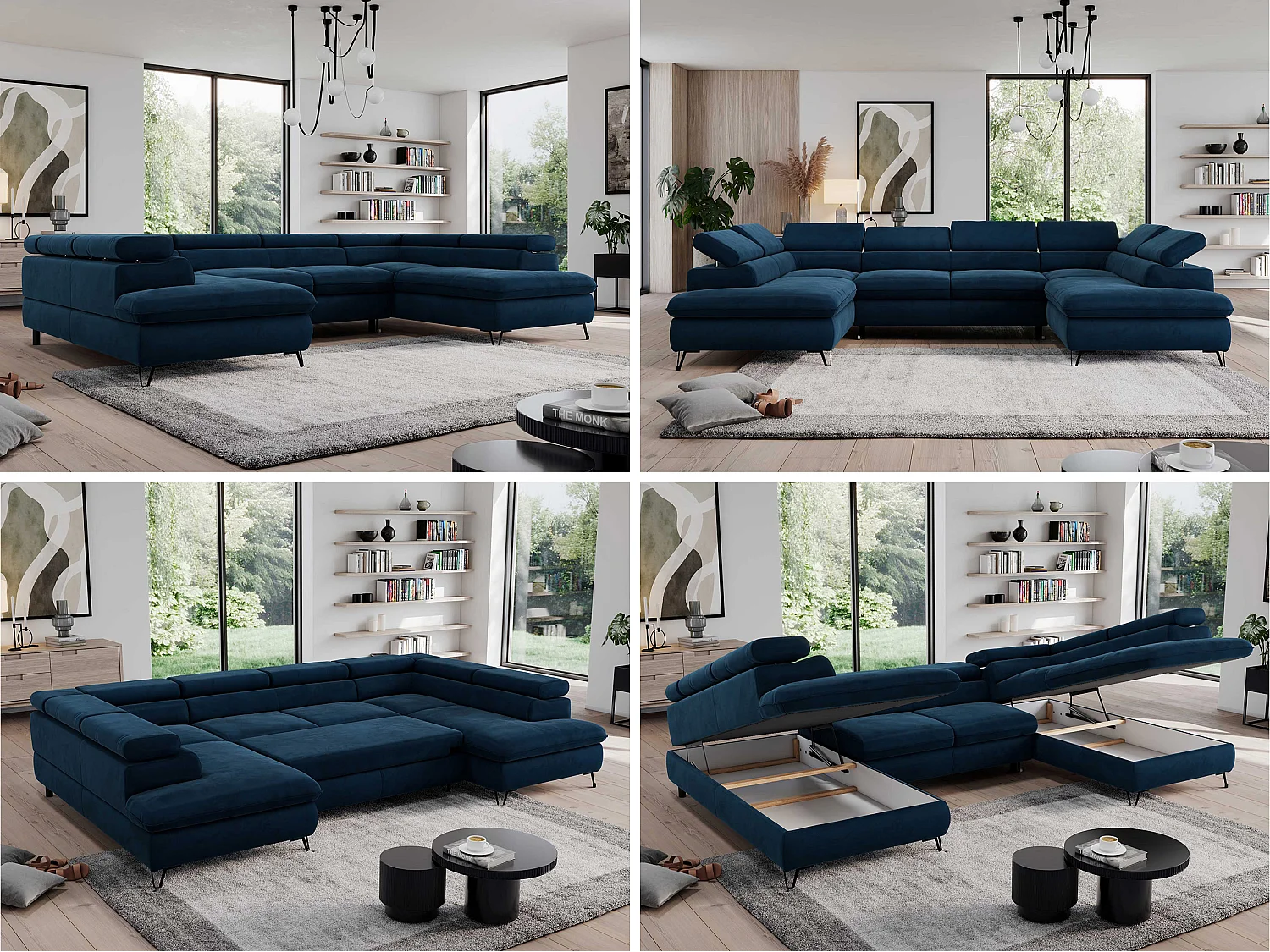 Ecksofa PEDRO U - XXL U-förmige Ecke, schlaffunktion und Bettkästen - Dunkelblau Velvet