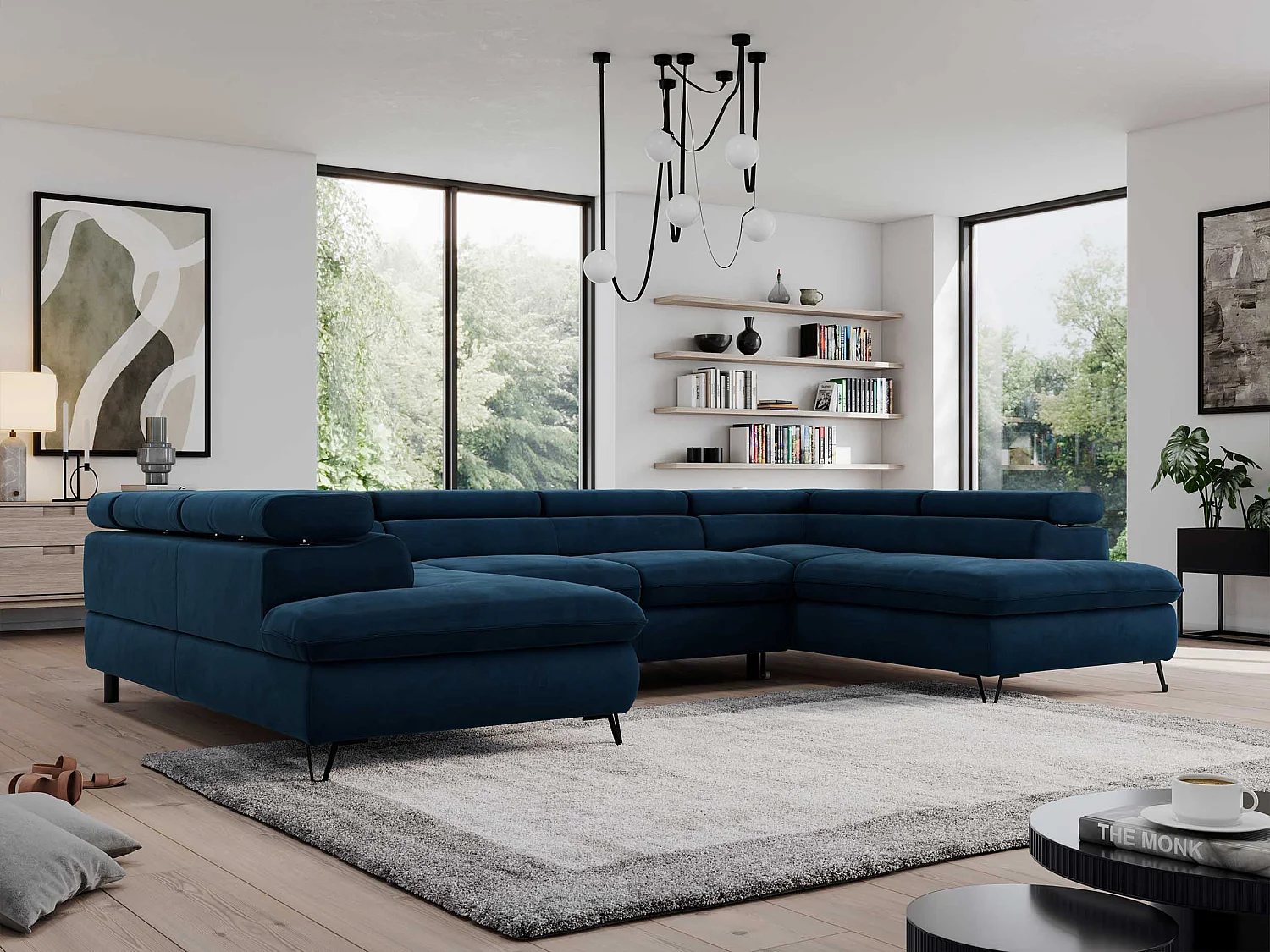 Ecksofa PEDRO U - XXL U-förmige Ecke, schlaffunktion und Bettkästen - Dunkelblau Velvet