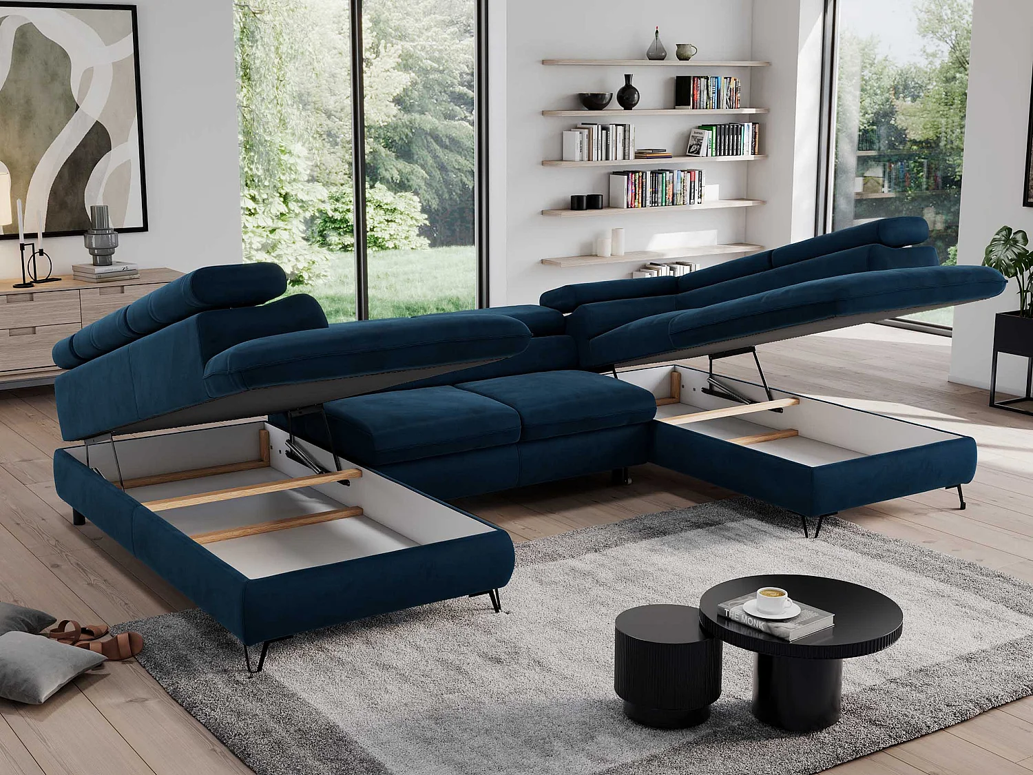 Ecksofa PEDRO U - XXL U-förmige Ecke, schlaffunktion und Bettkästen - Dunkelblau Velvet