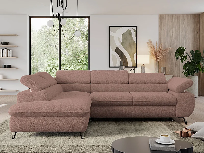 Ecksofa PEDRO - L-Form mit Schlaffunktion 200x125 cm, verstellbaren Kopfstützen - Rosa Boucle - Ecke Links