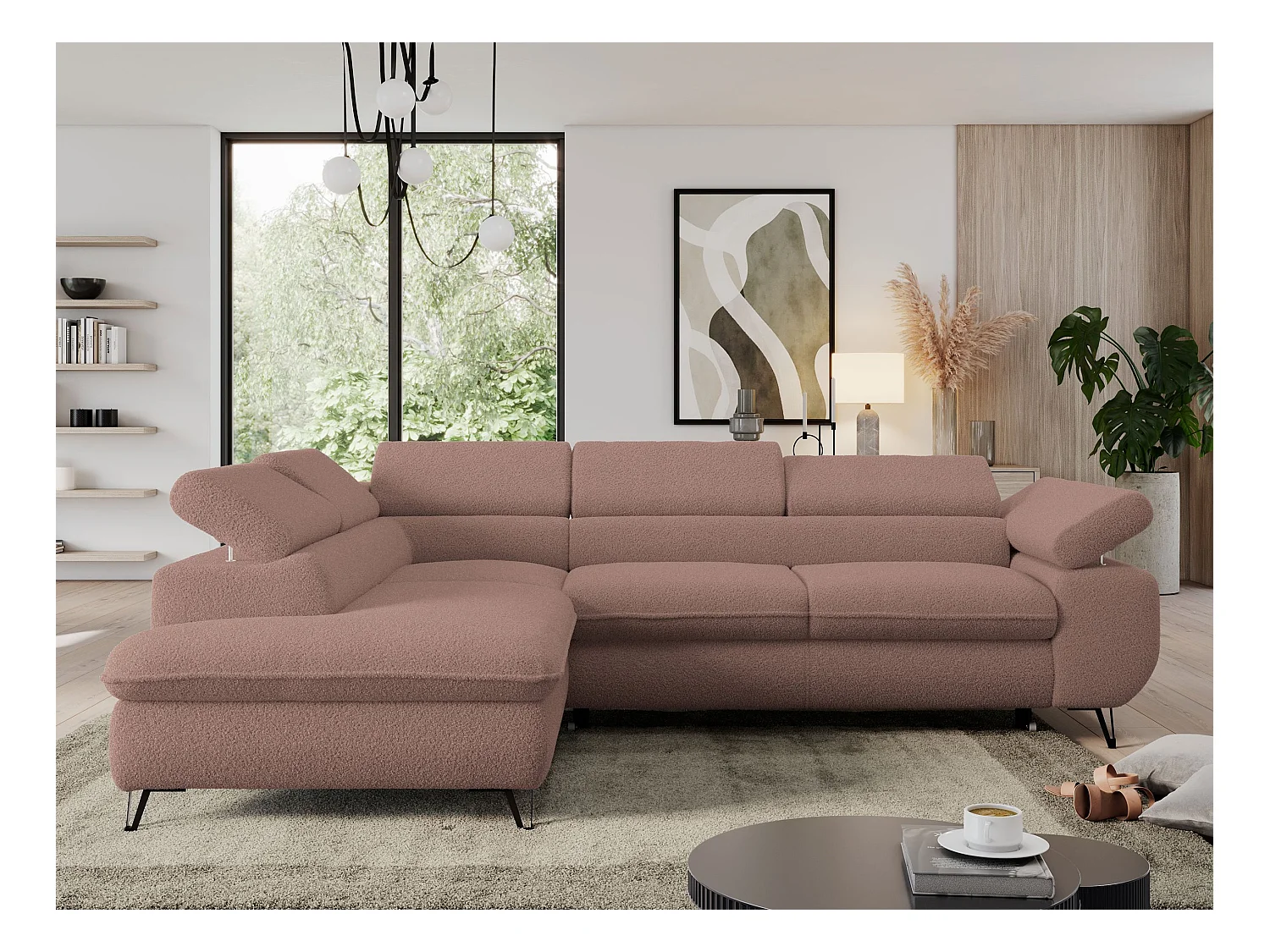 Ecksofa PEDRO - L-Form mit Schlaffunktion 200x125 cm, verstellbaren Kopfstützen - Rosa Boucle - Ecke Links