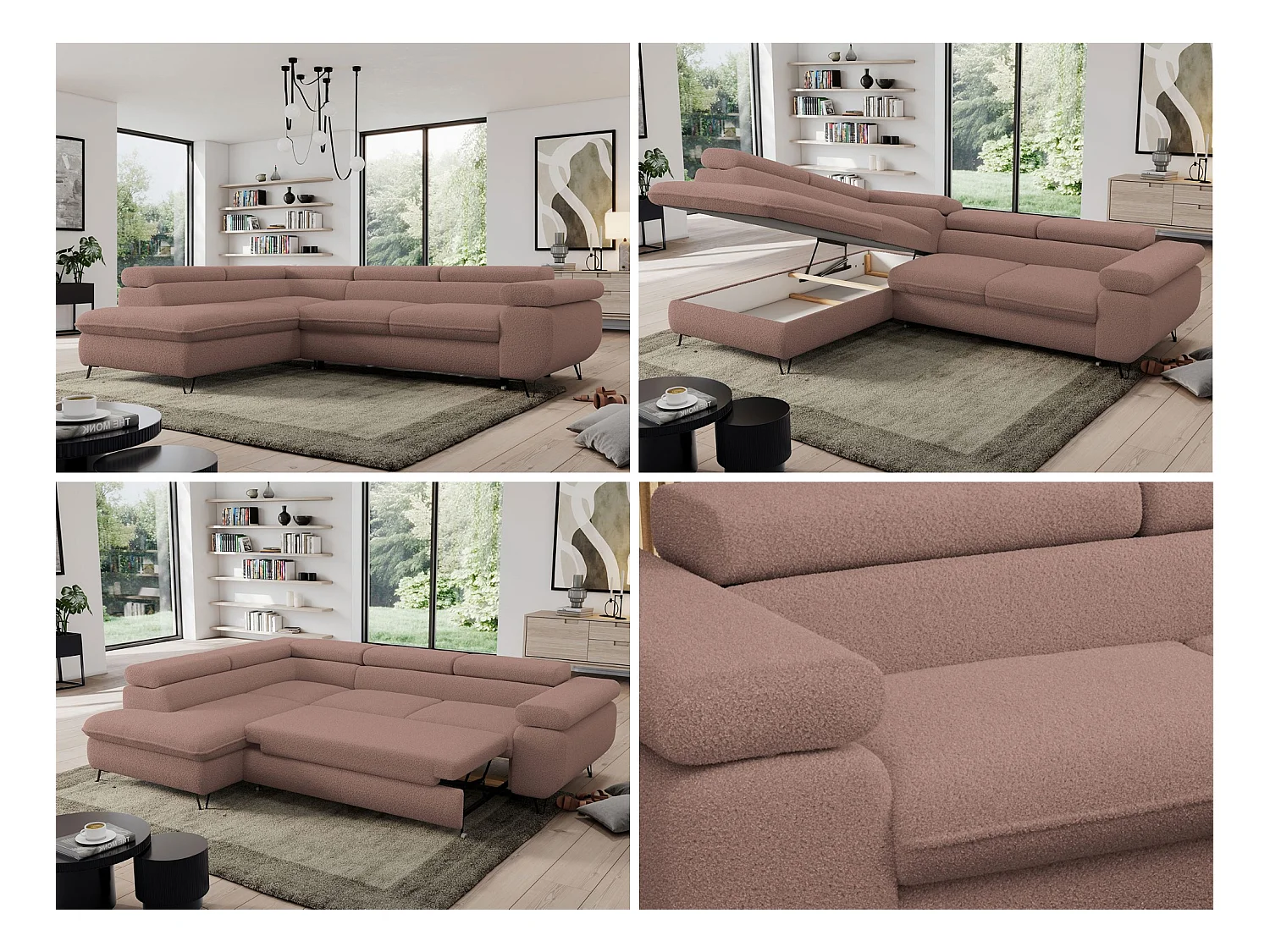 Ecksofa PEDRO - L-Form mit Schlaffunktion 200x125 cm, verstellbaren Kopfstützen - Rosa Boucle - Ecke Links