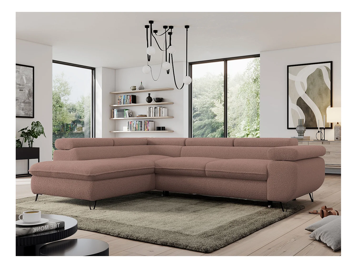 Ecksofa PEDRO - L-Form mit Schlaffunktion 200x125 cm, verstellbaren Kopfstützen - Rosa Boucle - Ecke Links