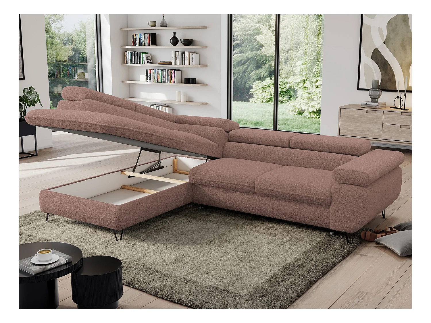 Ecksofa PEDRO - L-Form mit Schlaffunktion 200x125 cm, verstellbaren Kopfstützen - Rosa Boucle - Ecke Links