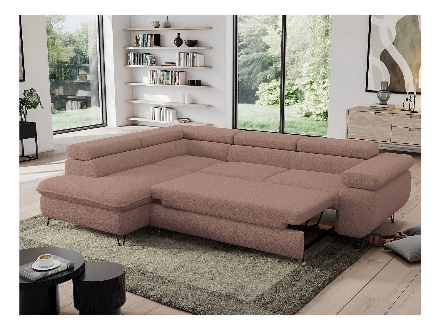 Ecksofa PEDRO - L-Form mit Schlaffunktion 200x125 cm, verstellbaren Kopfstützen - Rosa Boucle - Ecke Links