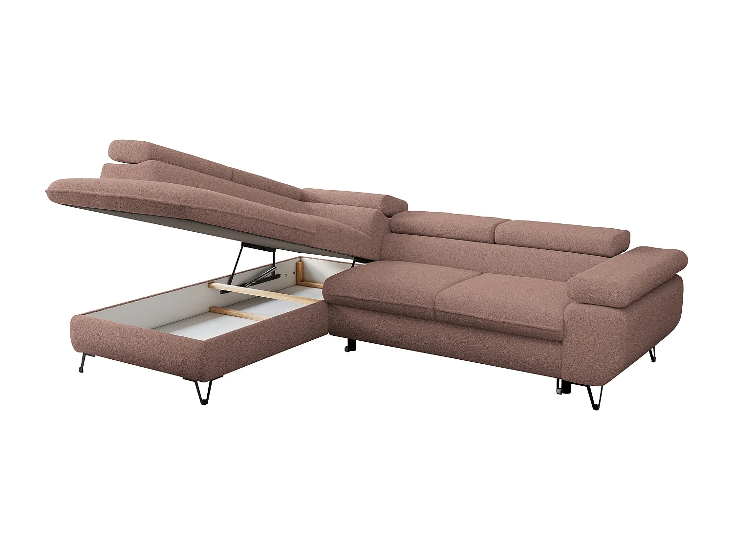 Ecksofa PEDRO - L-Form mit Schlaffunktion 200x125 cm, verstellbaren Kopfstützen - Rosa Boucle - Ecke Links