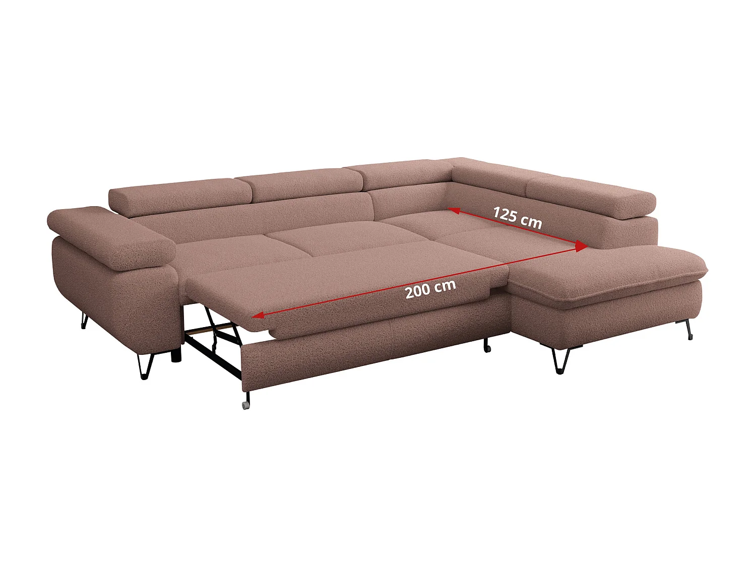 Ecksofa PEDRO - L-Form mit Schlaffunktion 200x125 cm, verstellbaren Kopfstützen - Rosa Boucle - Ecke Links