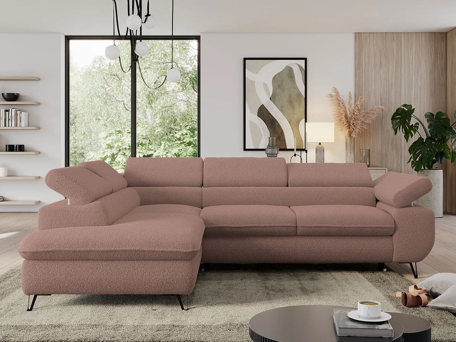 Ecksofa PEDRO - L-Form mit Schlaffunktion 200x125 cm, verstellbaren Kopfstützen - Rosa Boucle - Ecke Links