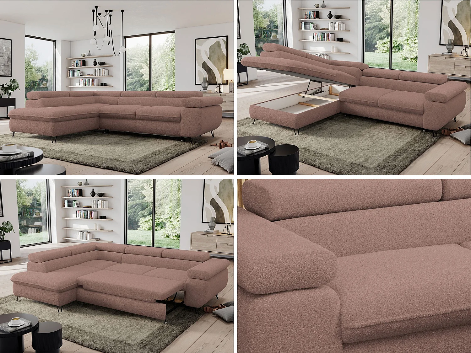 Ecksofa PEDRO - L-Form mit Schlaffunktion 200x125 cm, verstellbaren Kopfstützen - Rosa Boucle - Ecke Links
