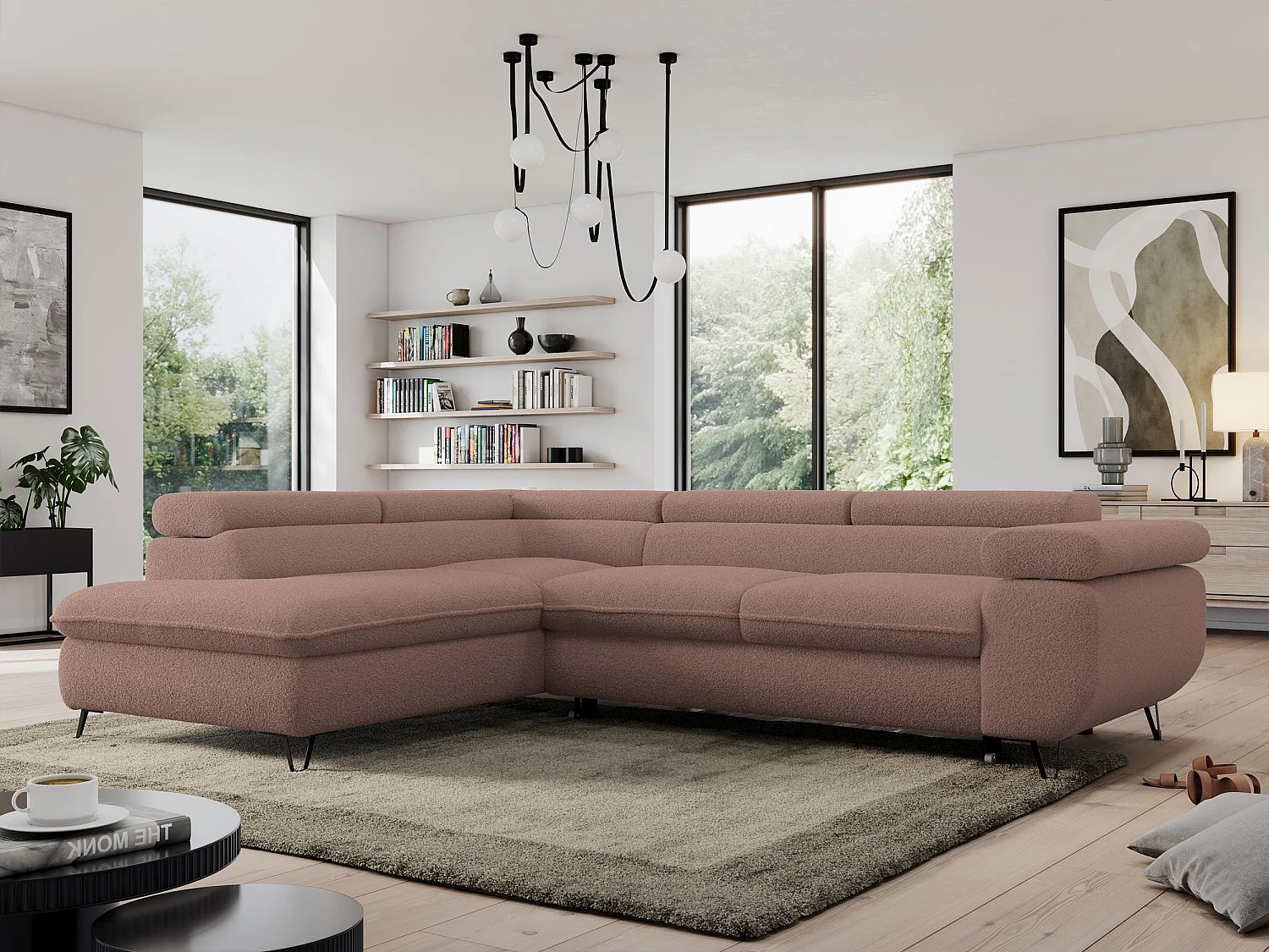 Ecksofa PEDRO - L-Form mit Schlaffunktion 200x125 cm, verstellbaren Kopfstützen - Rosa Boucle - Ecke Links