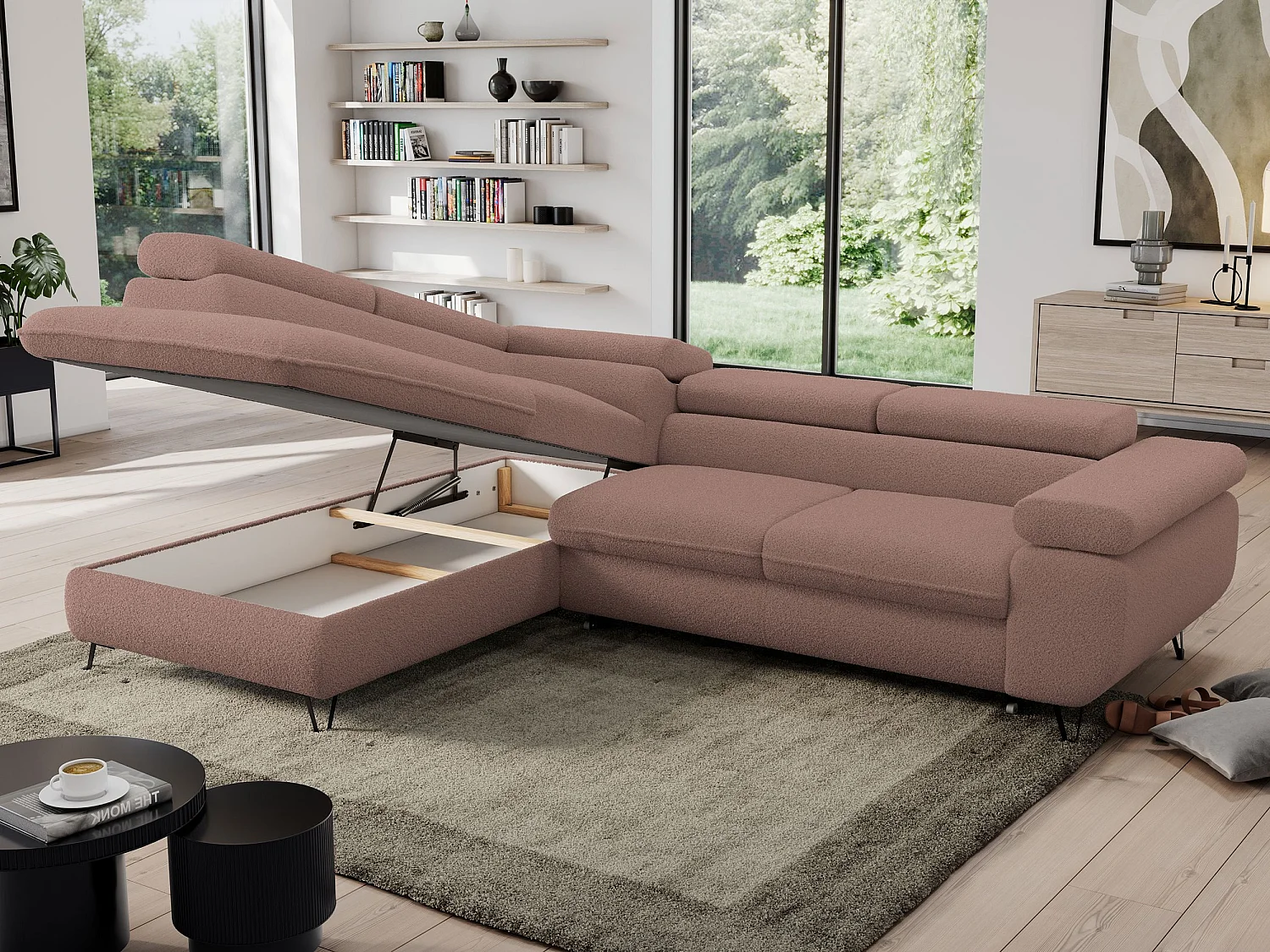 Ecksofa PEDRO - L-Form mit Schlaffunktion 200x125 cm, verstellbaren Kopfstützen - Rosa Boucle - Ecke Links