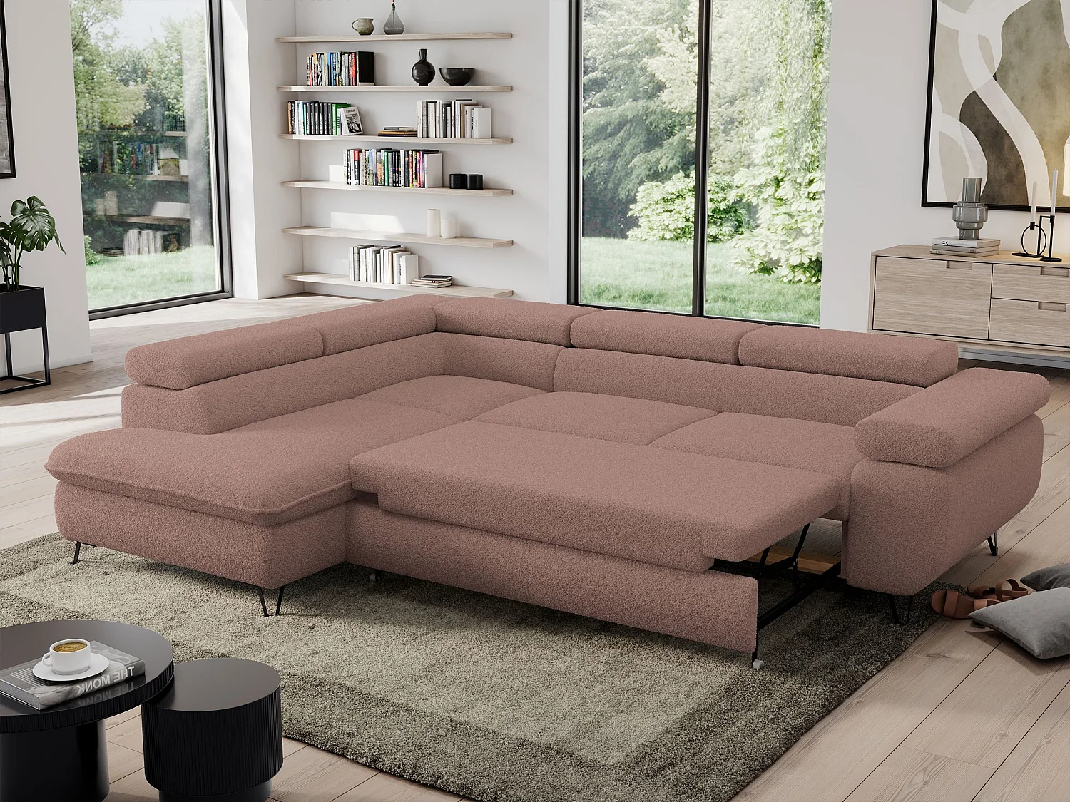 Ecksofa PEDRO - L-Form mit Schlaffunktion 200x125 cm, verstellbaren Kopfstützen - Rosa Boucle - Ecke Links