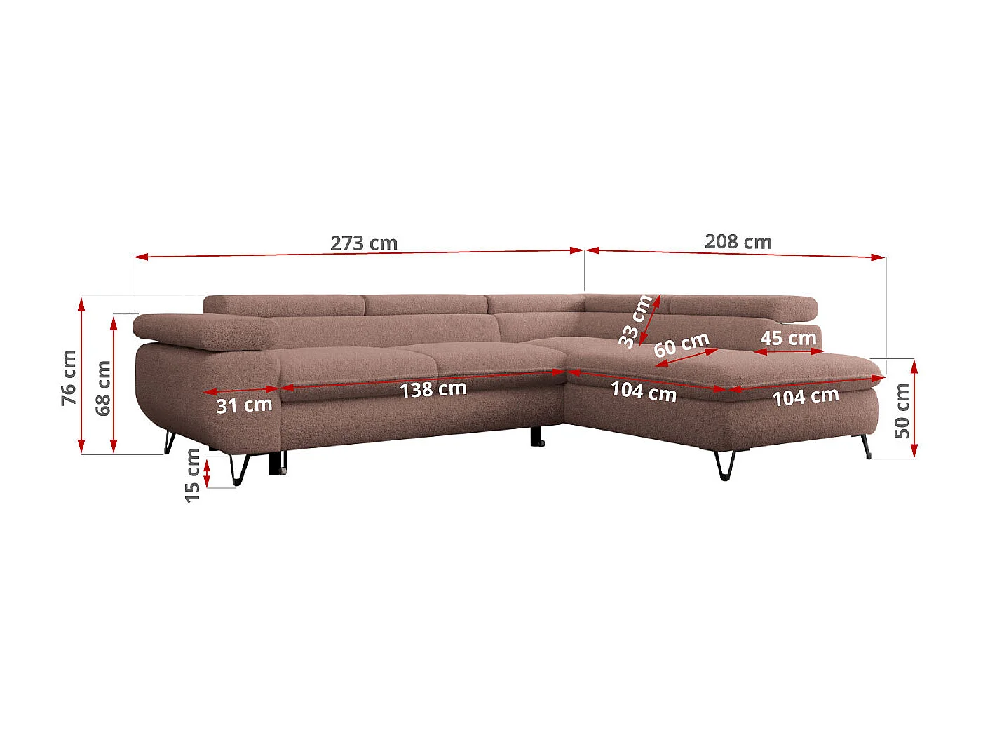 Ecksofa PEDRO - L-Form mit Schlaffunktion 200x125 cm, verstellbaren Kopfstützen - Rosa Boucle - Ecke Links