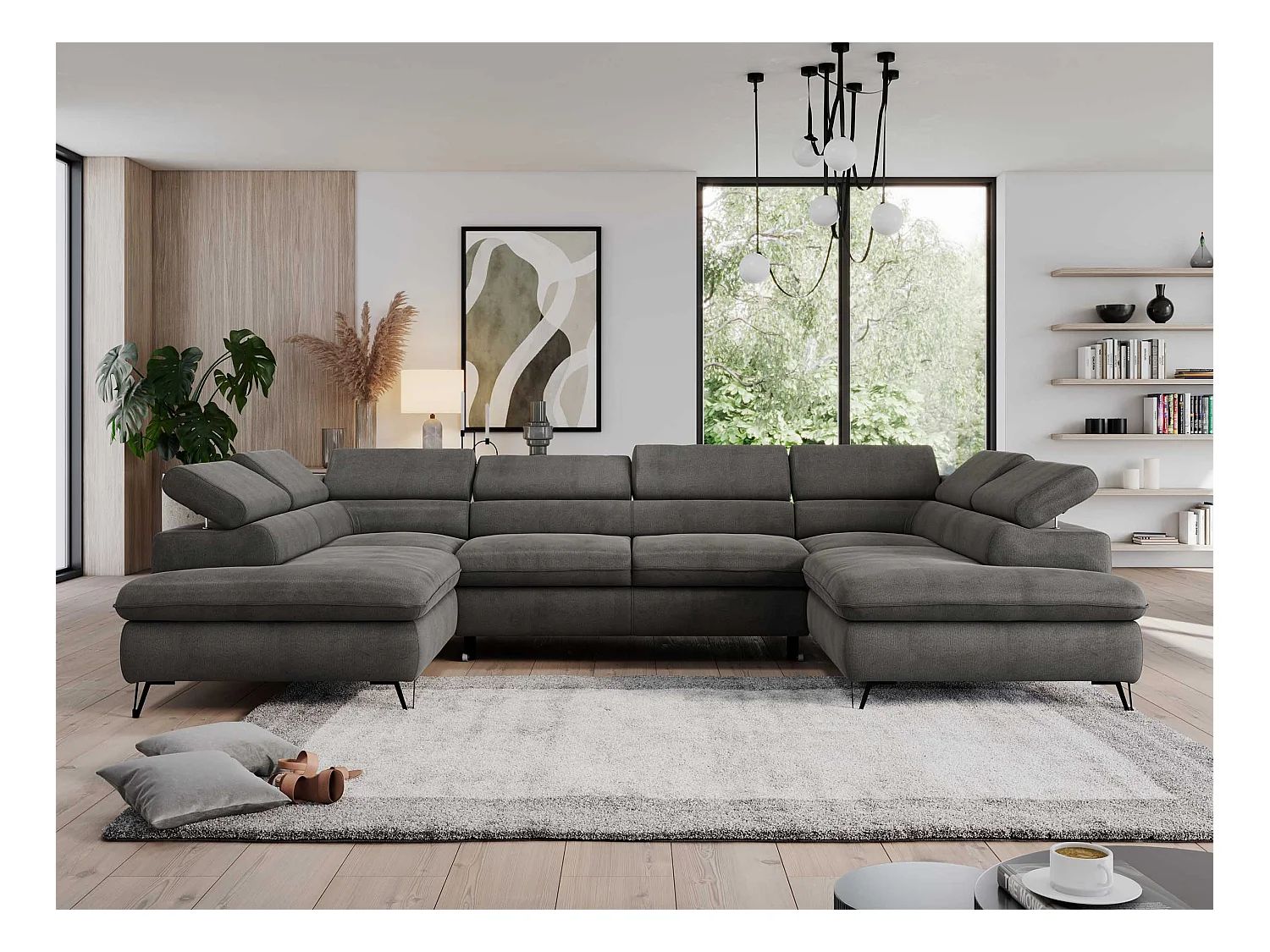 Ecksofa PEDRO U - XXL U-förmige Ecke, schlaffunktion und Bettkästen - Dunkelgrau Velvet