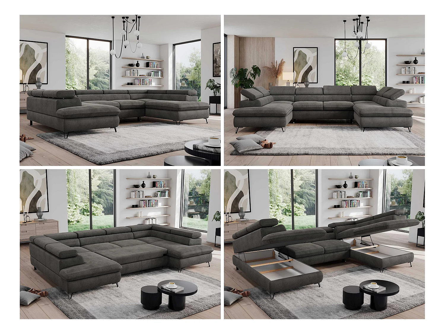 Ecksofa PEDRO U - XXL U-förmige Ecke, schlaffunktion und Bettkästen - Dunkelgrau Velvet