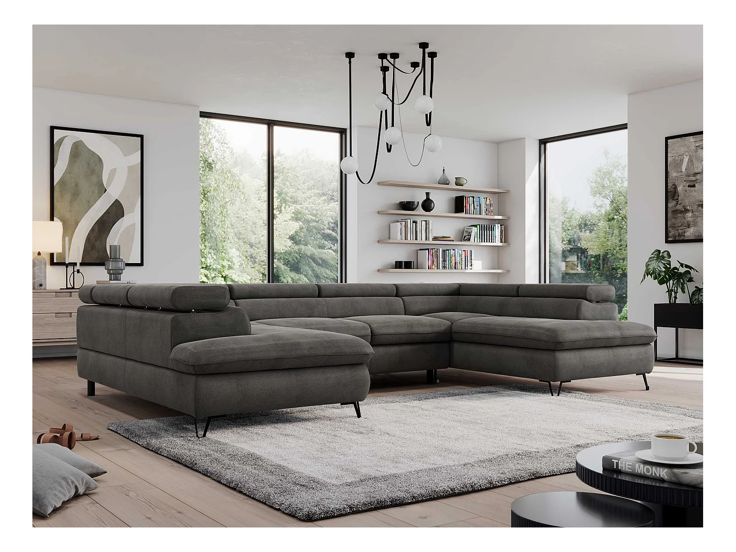 Ecksofa PEDRO U - XXL U-förmige Ecke, schlaffunktion und Bettkästen - Dunkelgrau Velvet