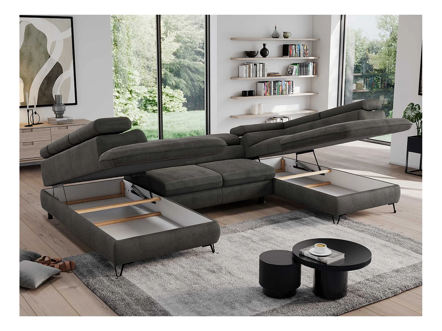 Ecksofa PEDRO U - XXL U-förmige Ecke, schlaffunktion und Bettkästen - Dunkelgrau Velvet