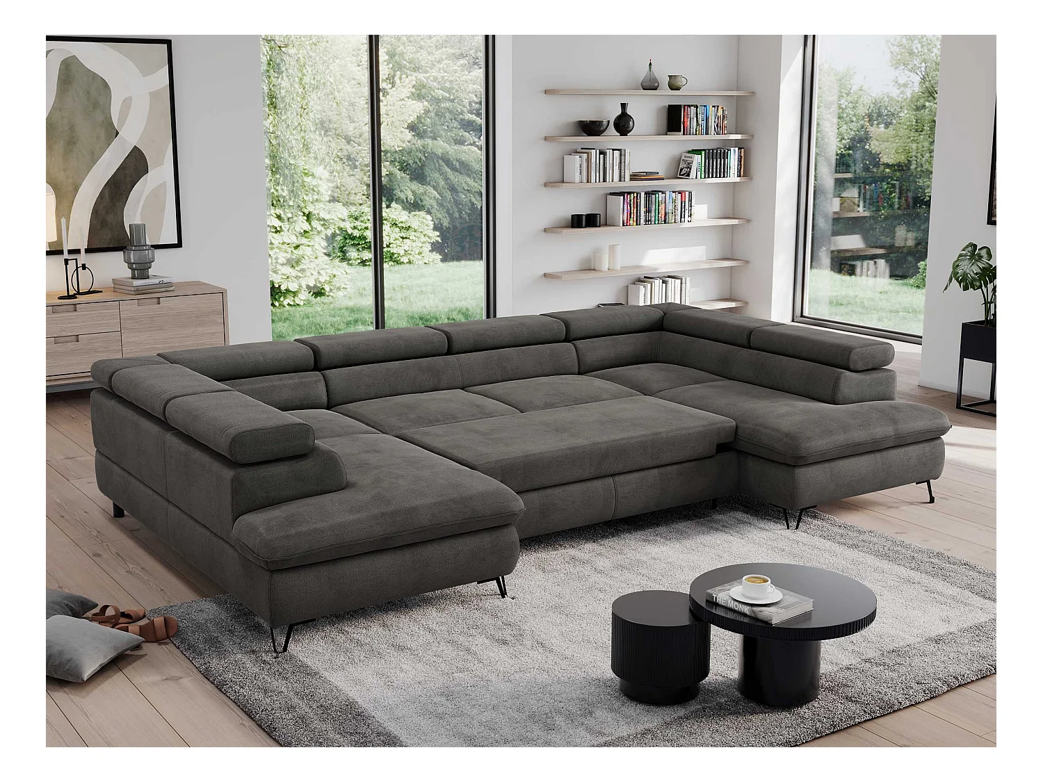 Ecksofa PEDRO U - XXL U-förmige Ecke, schlaffunktion und Bettkästen - Dunkelgrau Velvet