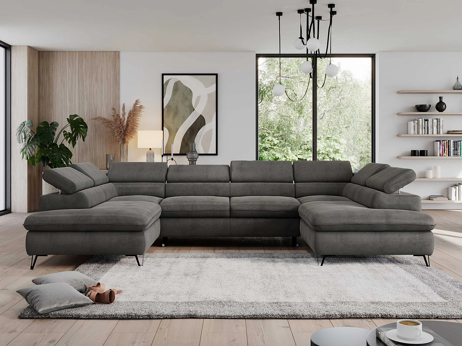 Ecksofa PEDRO U - XXL U-förmige Ecke, schlaffunktion und Bettkästen - Dunkelgrau Velvet