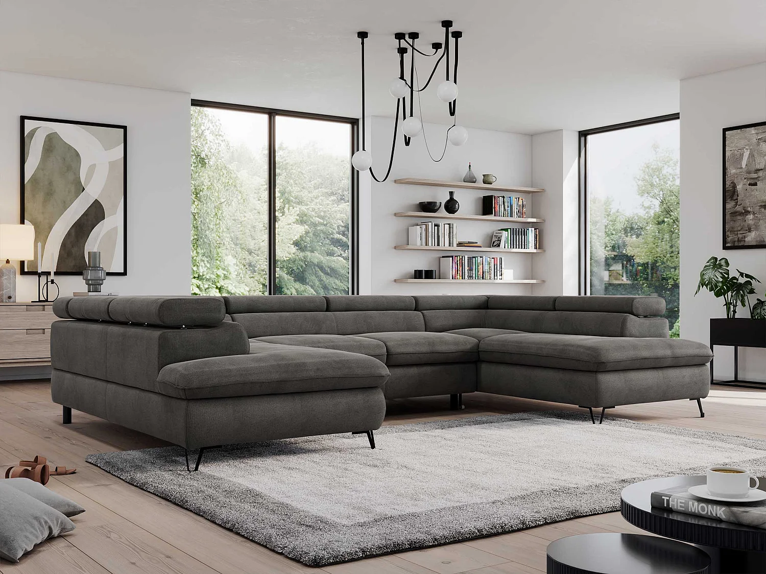 Ecksofa PEDRO U - XXL U-förmige Ecke, schlaffunktion und Bettkästen - Dunkelgrau Velvet