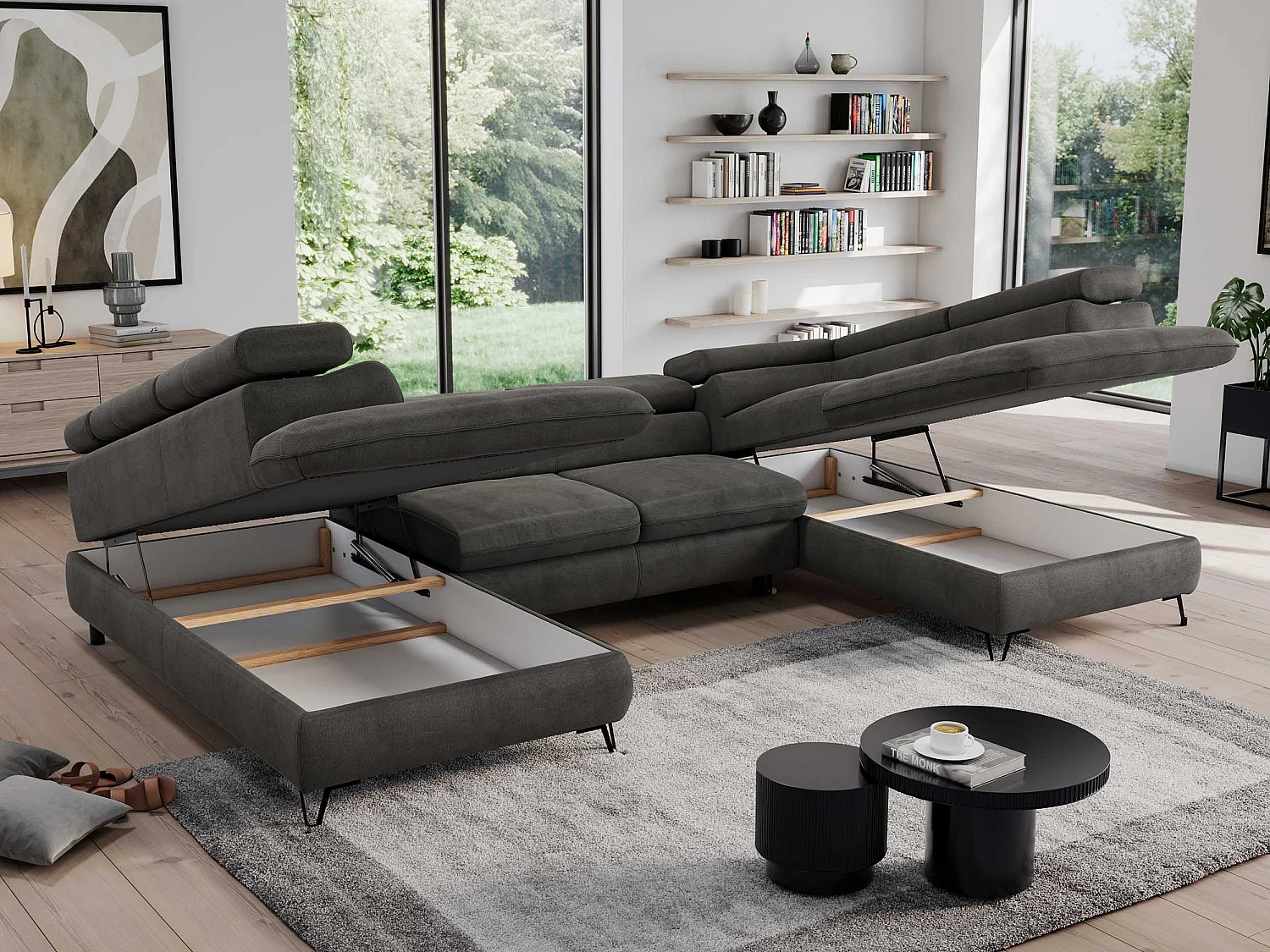 Ecksofa PEDRO U - XXL U-förmige Ecke, schlaffunktion und Bettkästen - Dunkelgrau Velvet