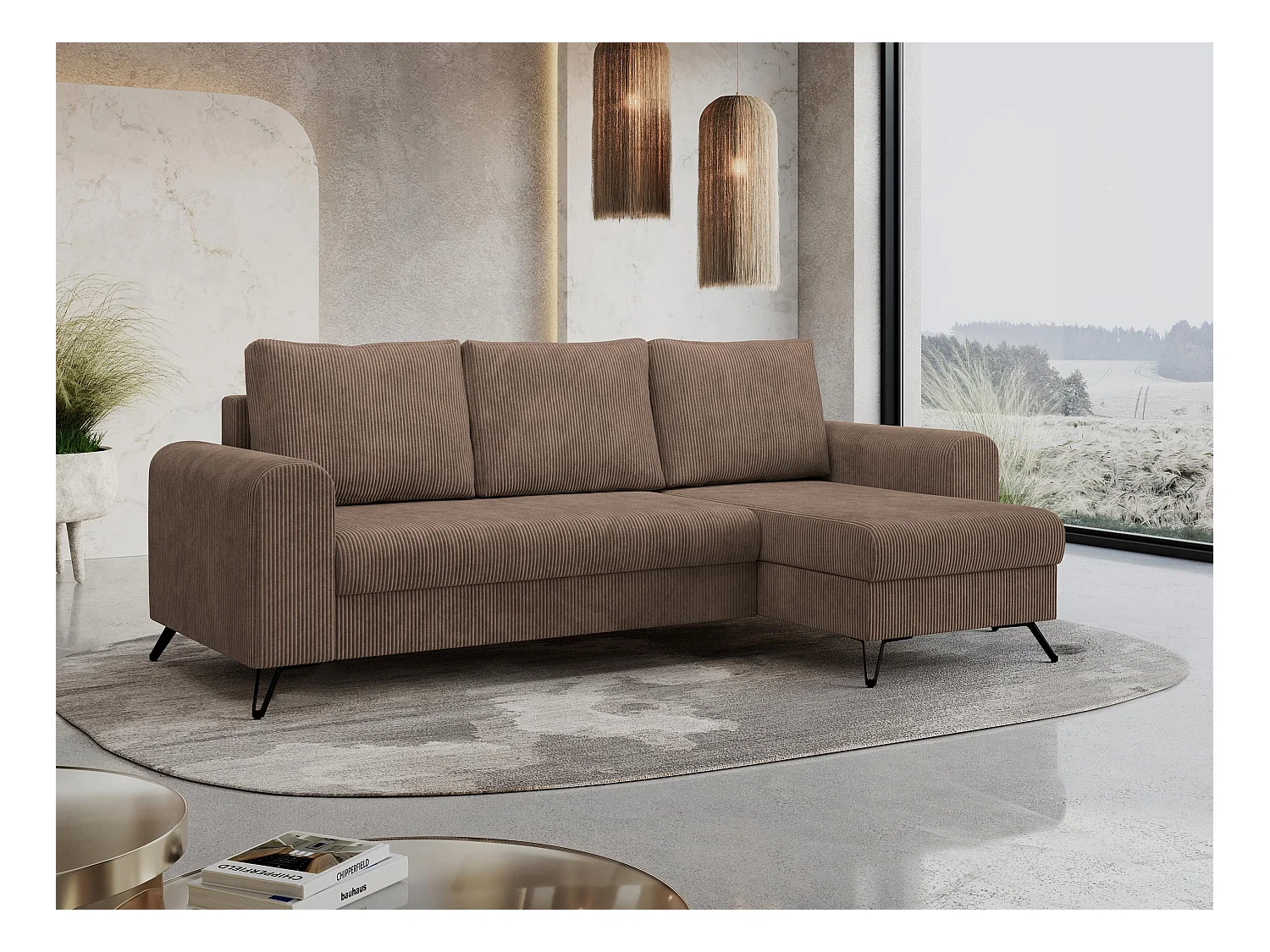 Ecksofa HUGO - L-Form mit Schlaffunktion, lose Kissen - Hellbraun Cord