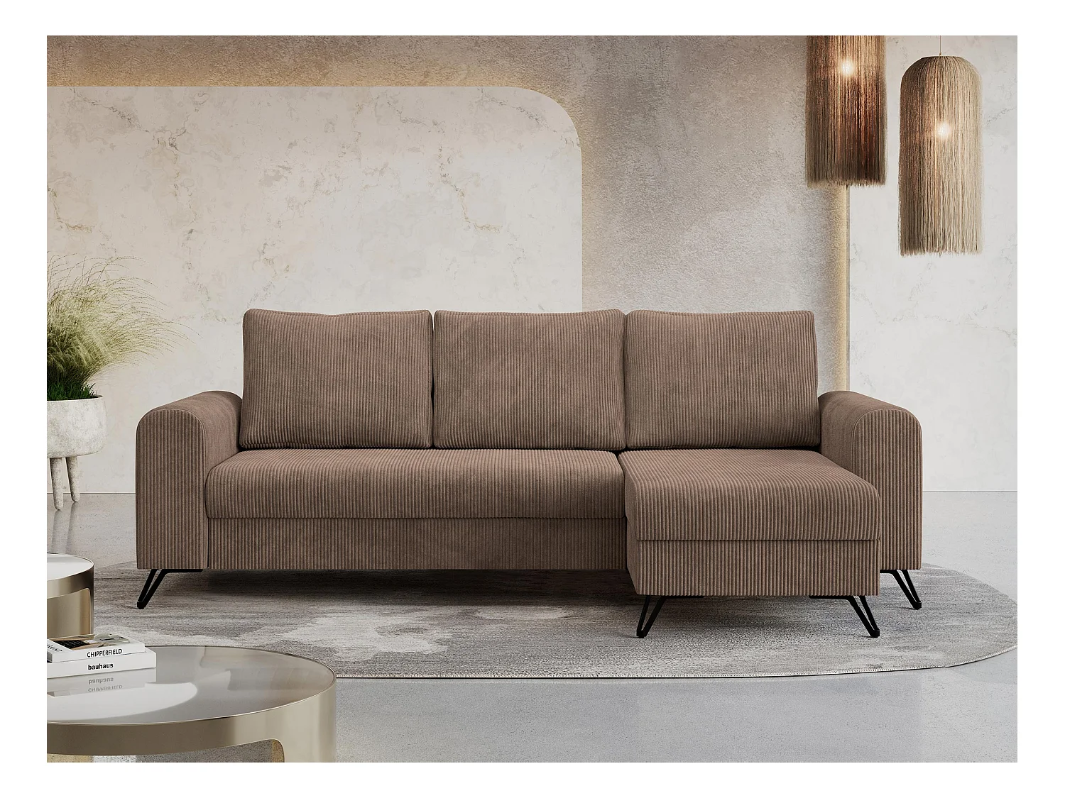 Ecksofa HUGO - L-Form mit Schlaffunktion, lose Kissen - Hellbraun Cord