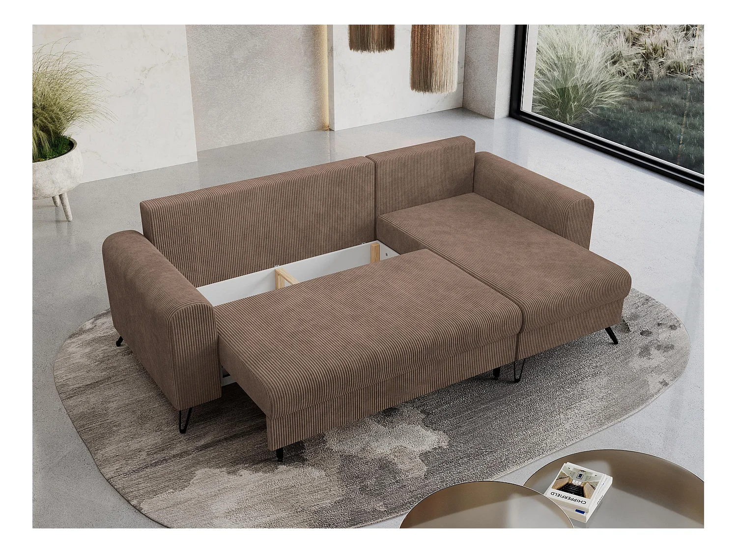 Ecksofa HUGO - L-Form mit Schlaffunktion, lose Kissen - Hellbraun Cord